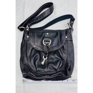 Fossil Shoulder Bag Purse Black Leather Snap Adjustable Strap Outer Pockets